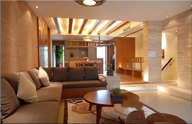 承德天都嘉成现代麻布沙发实木餐厅家具吊顶阶梯式客厅效果图